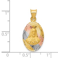 14K Pendant with Rose and White Rhodium Diamond-cut Solid Sagrado Corazon De Jesus Oval view 3
