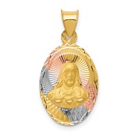 14K Pendant with Rose and White Rhodium Diamond-cut Solid Sagrado Corazon De Jesus Oval view 1