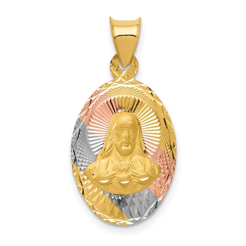 14K Pendant with Rose and White Rhodium Diamond-cut Solid Sagrado Corazon De Jesus Oval