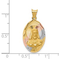 14K Pendant with Rose and White Rhodium Diamond-cut Solid Sagrado Corazon De Jesus Oval view 3
