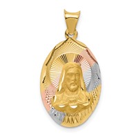 14K Pendant with Rose and White Rhodium Diamond-cut Solid Sagrado Corazon De Jesus Oval view 1