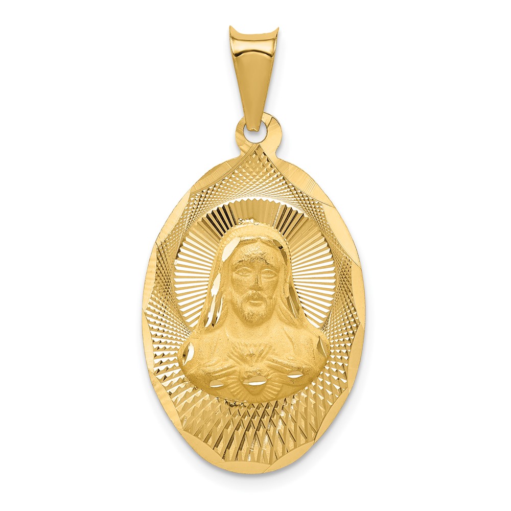 14K Polished Diamond-cut Solid Sagrado Corazon De Jesus Oval Pendant