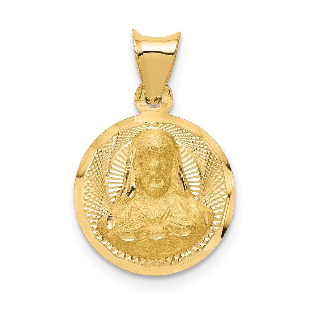 14K Yellow Gold Polished Diamond-cut Solid Sagrado Corazon De Jesus Round Pendant