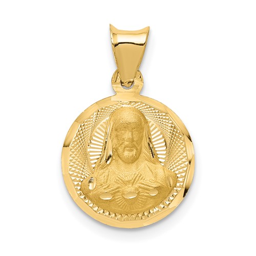 14K Yellow Gold Polished Diamond-cut Solid Sagrado Corazon De Jesus Round Pendant