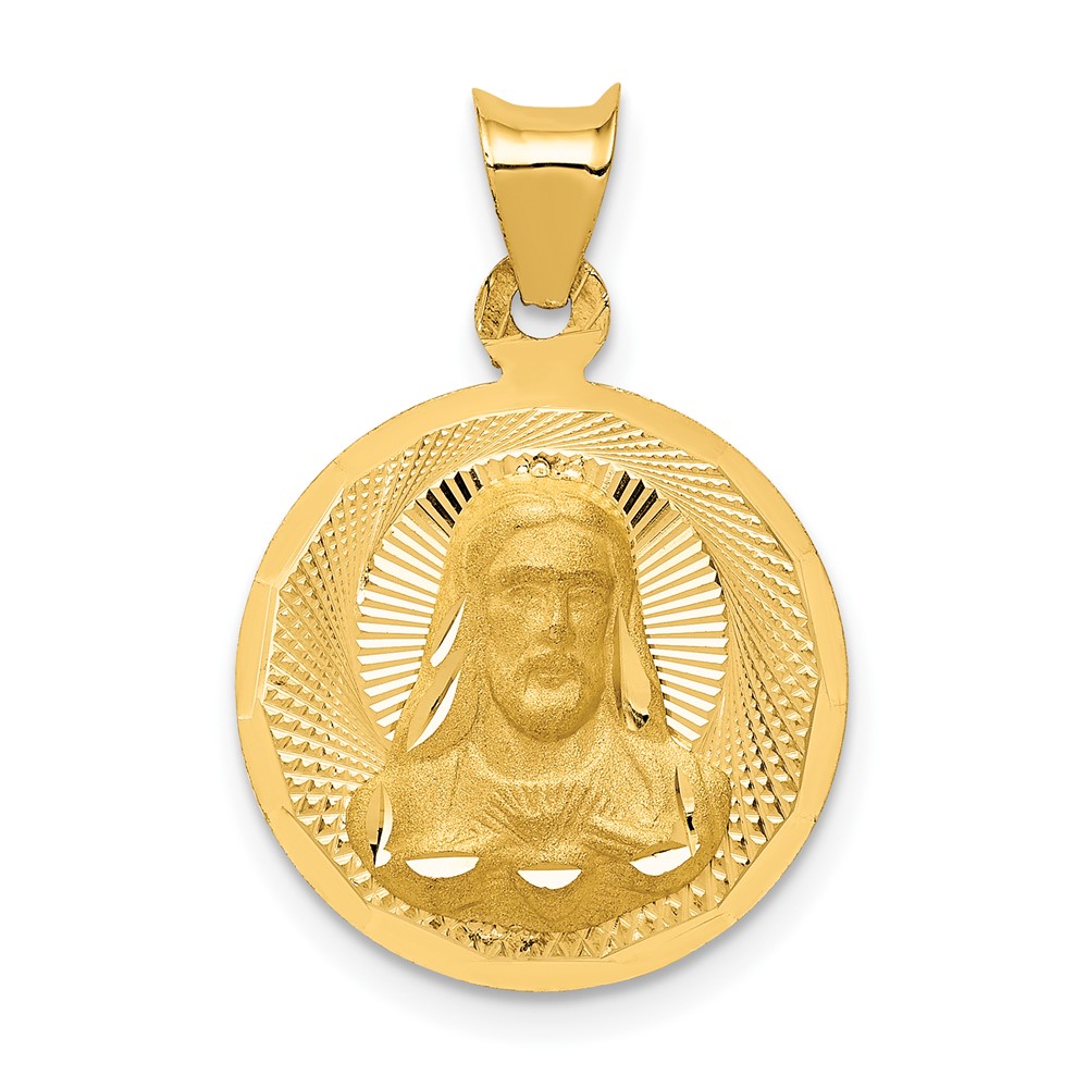 14K Yellow Gold Polished Diamond-cut Solid Sagrado Corazon De Jesus Round Pendant