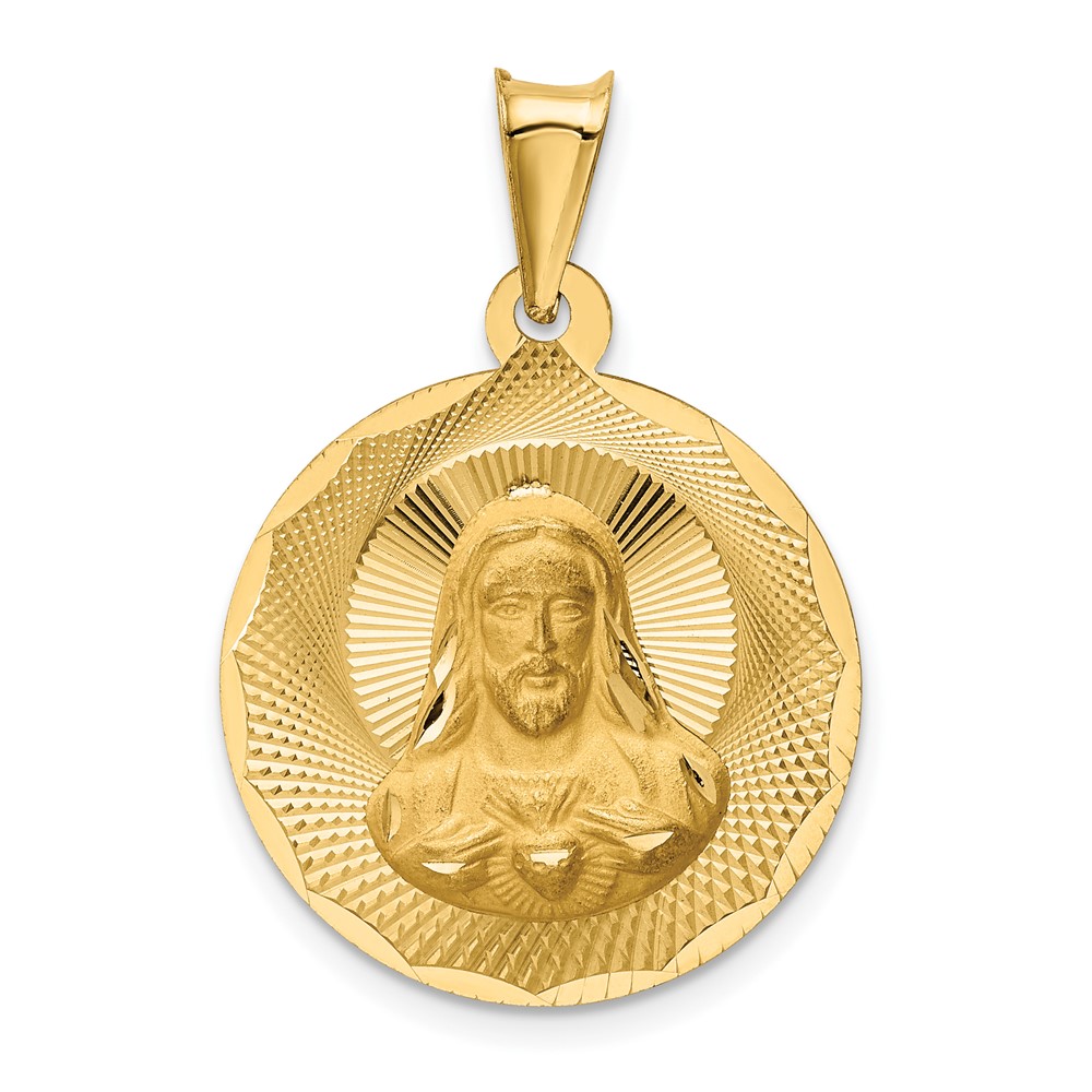 14K Yellow Gold Polished Diamond-cut Solid Sagrado Corazon De Jesus Round Pendant