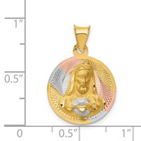 14K Pendant with Rose and White Rhodium Diamond-cut Solid Sagrado Corazon De Jesus Round view 3