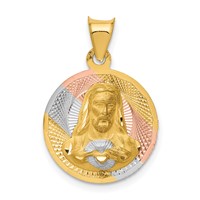 14K Pendant with Rose and White Rhodium Diamond-cut Solid Sagrado Corazon De Jesus Round view 1
