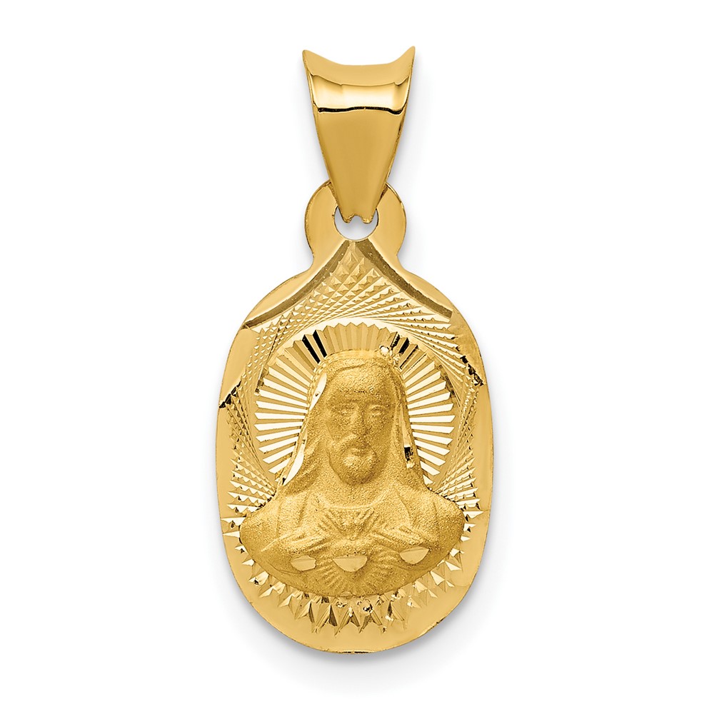 14K Yellow Gold Polished Diamond-cut Solid Sagrado Corazon De Jesus Oval Pendant