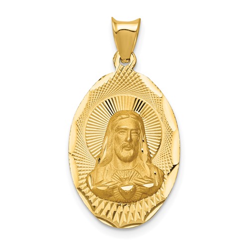14K Yellow Gold Polished Diamond-cut Solid Sagrado Corazon De Jesus Oval Pendant