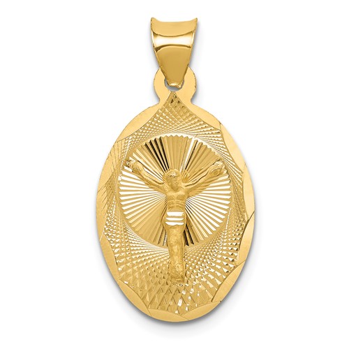 14K Yellow Gold Polished Diamond-cut Corpus Oval Pendant