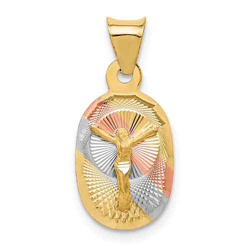 14K Pendant with Rose and White Rhodium Diamond-cut Corpus Oval