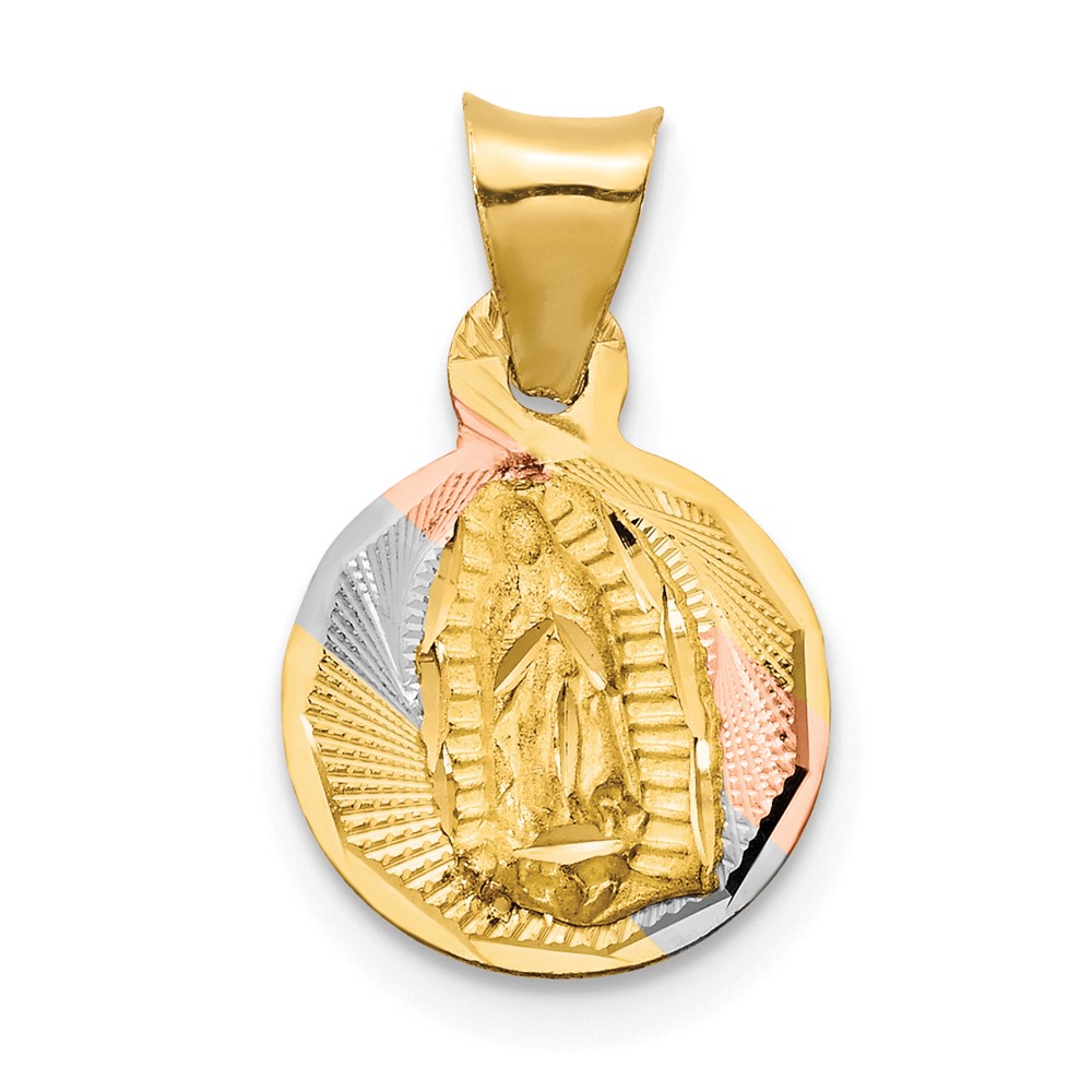 14K Pendant with Rose and White Rhodium Polished Diamond-cut Solid Our Lady of Guadalupe Round