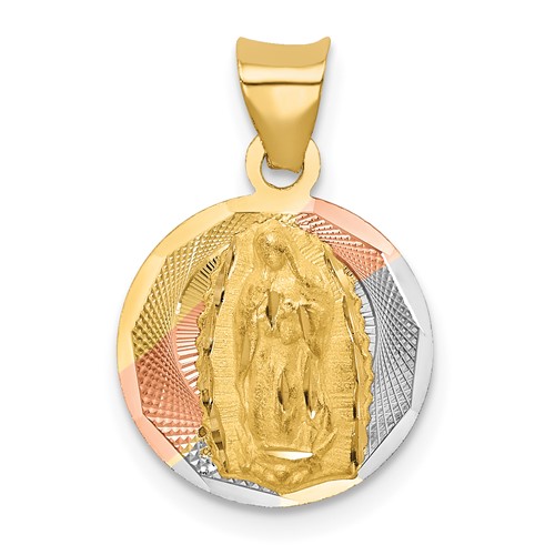 14K Pendant with Rose and White Rhodium Polished Diamond-cut Solid Our Lady of Guadalupe Round