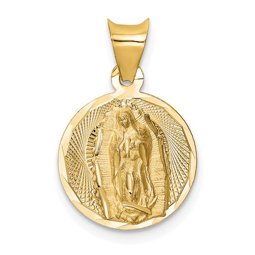 14K Yellow Gold Polished Diamond-cut Semi-solid Our Lady of Guadalupe Round Pendant