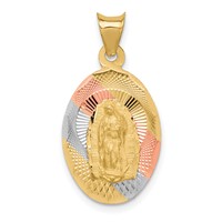 14K Pendant with Rose and White Rhodium Diamond-cut Solid Our Lady of Guadalupe Oval view 1