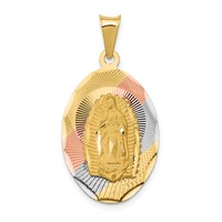 14K Pendant with Rose and White Rhodium Diamond-cut Solid Our Lady of Guadalupe Oval view 1