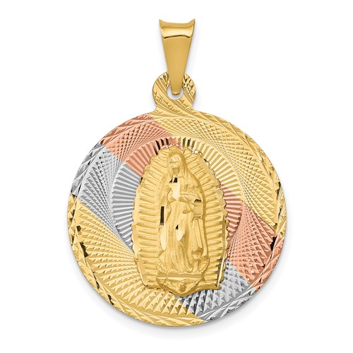 14K Pendant with Rose and White Rhodium Polished Diamond-cut Solid Our Lady of Guadalupe Round