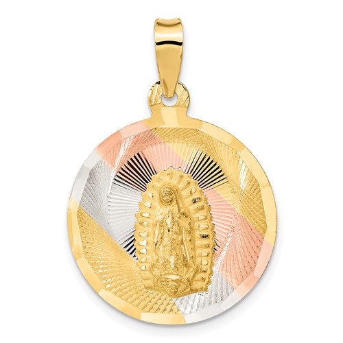 14K with Rose and White Rhodium Polished Diamond-cut Solid Large Our Lady of Guadalupe Round Pendant
