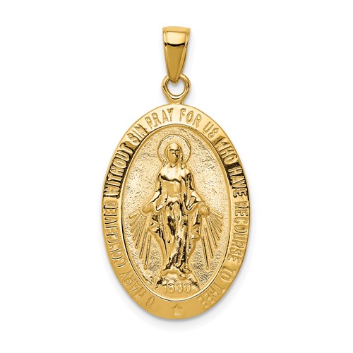 14K Yellow Gold Polished and Satin Solid Miraculous Medal Oval Pendant