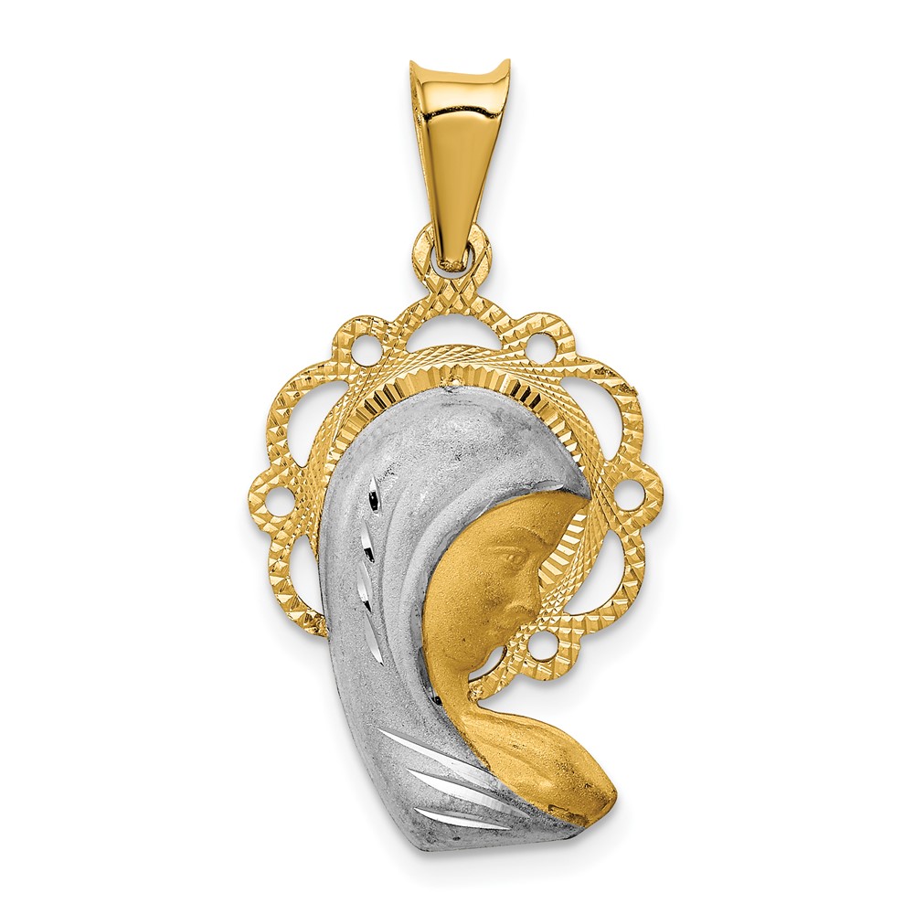 14K and White Rhodium Satin and Polished Diamond-cut Virgin Mary Scalloped Edge Pendant