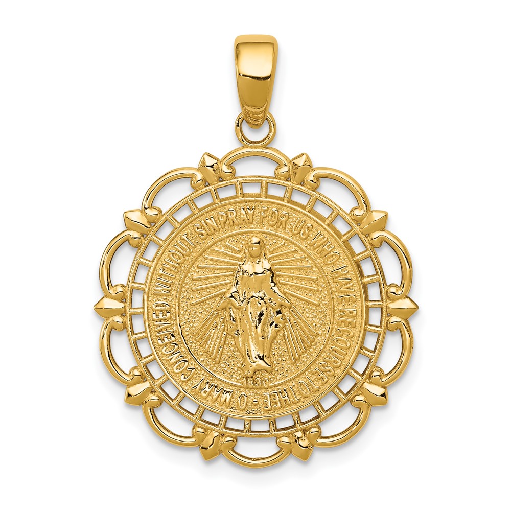 14K Polished Miraculous Medal With Scallop Frame Pendant (K5653)