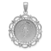 14K White Gold Polished Solid Large Miraculous Medal Pendant with Scallop Frame Round view 3