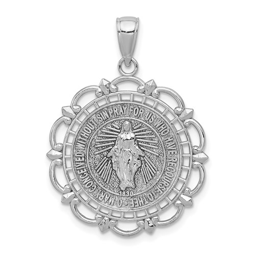14K White Gold Polished Solid Large Miraculous Medal Pendant with Scallop Frame Round