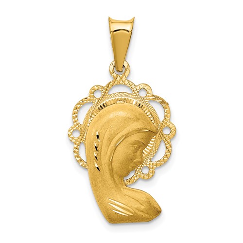 14K Yellow Gold Satin and Polished Diamond-cut Virgin Mary Scalloped Edge Pendant