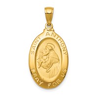 14K Yellow Gold Polished and Satin Hollow Saint Anthony Oval Medal Pendant view 1