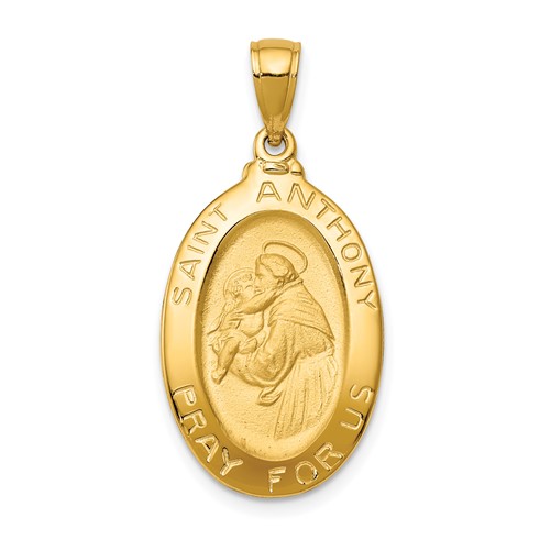 14K Yellow Gold Polished and Satin Hollow Saint Anthony Oval Medal Pendant