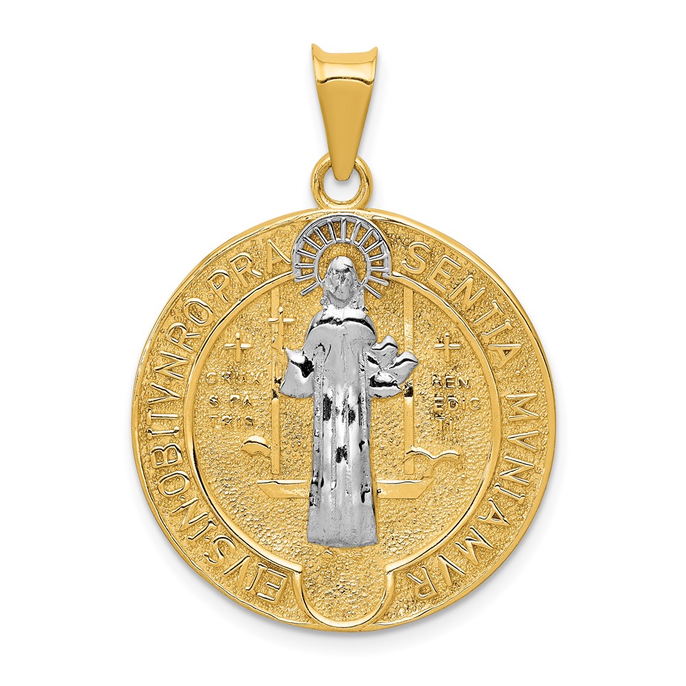 14K and White Rhodium Solid Large St. Benedict Medal Pendant