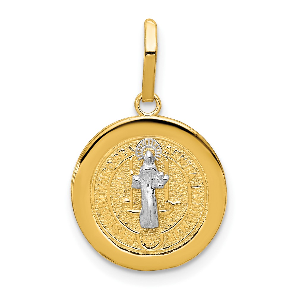 14K and White Rhodium Solid St. Benedict Medal Round Pendant