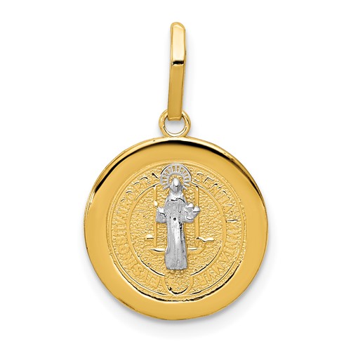 14K and White Rhodium Solid St. Benedict Medal Round Pendant