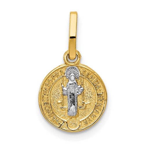 14K and White Rhodium Solid St. Benedict Medal Round Pendant