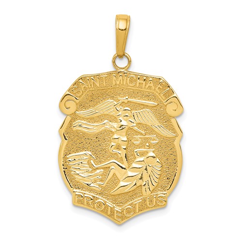 14K Yellow Gold Polished Solid Large Saint Michael Protect Us Medal Badge Pendant