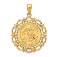 14K Yellow Gold Polished Solid St. Michael Medal Scalloped Edge Round Pendant view 1