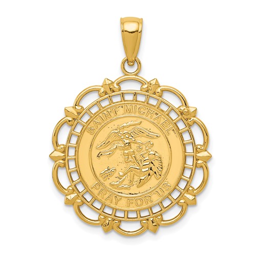 14K Yellow Gold Polished Solid St. Michael Medal Scalloped Edge Round Pendant