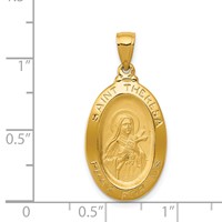 14K Yellow Gold Polished and Satin Solid St Theresa Medal Oval Pendant view 3