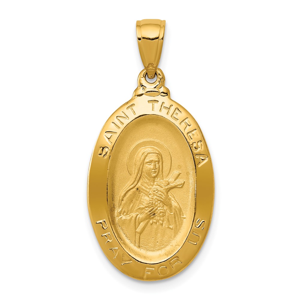 14K Yellow Gold Polished and Satin Solid St Theresa Medal Oval Pendant