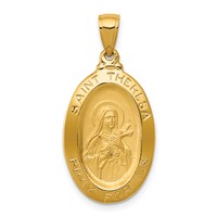 14K Yellow Gold Polished and Satin Solid St Theresa Medal Oval Pendant view 1