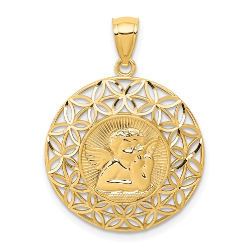 14K Yellow Gold Polished Diamond-cut Angel Medal Round Pendant