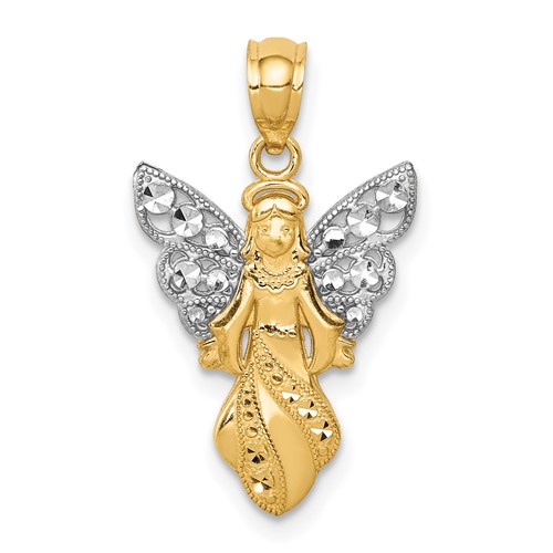 14K and White Rhodium Polished and Textured Angel Pendant