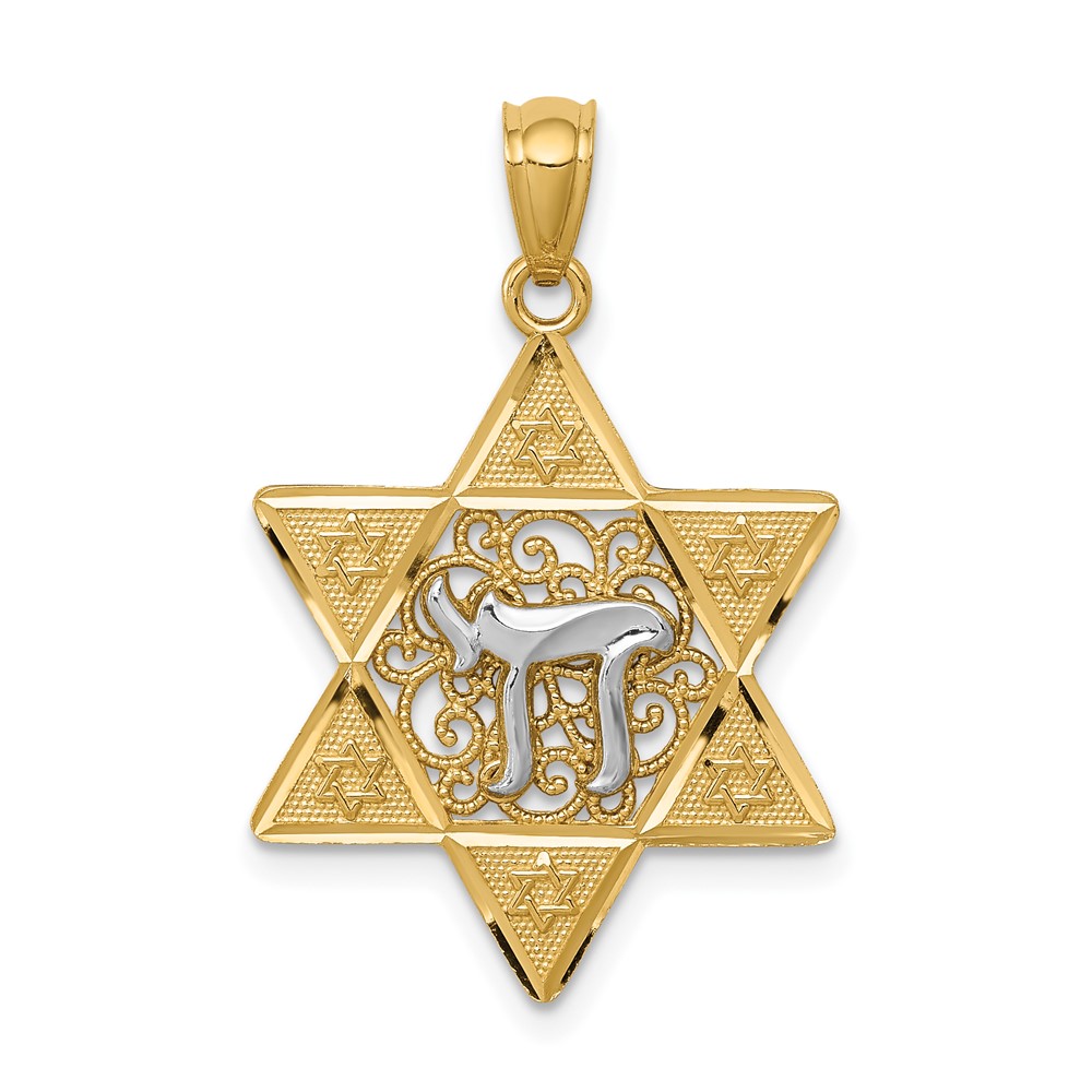 14K Two-tone Gold Polished Star of David Pendant with Chai