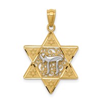 14K Two-tone Gold Polished Star of David Pendant with Chai view 1