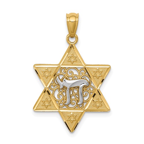 14K Two-tone Gold Polished Star of David Pendant with Chai