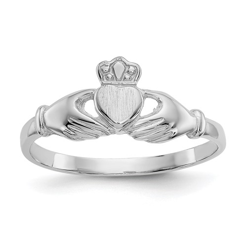 14K White Gold Polished and Satin Claddagh Ring