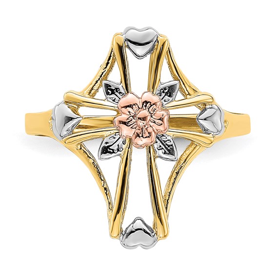 14K Two-tone with White Rhodium Polished Cross with Flower Ring
