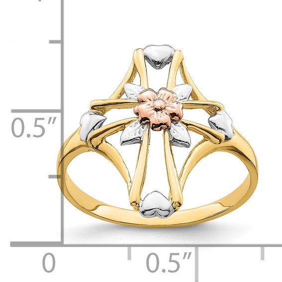 14K Two-tone with White Rhodium Polished Cross with Flower Ring