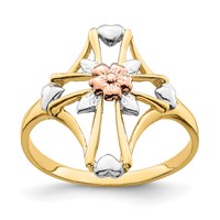 14K Two-tone Ring with White Rhodium Polished Cross with Flower view 1